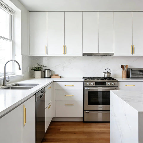 Modern kitchen with white cabinets fitted with gold cabinet handles 10 pack 3-3/4 inch brushed brass drawer pulls for kitchen cupboard.