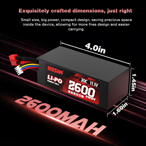 Beefy 2 Pack 11.1V 2600mAh LiPo Battery for Brushless RC Cars Trucks Boats, 3D model dimensions and design features