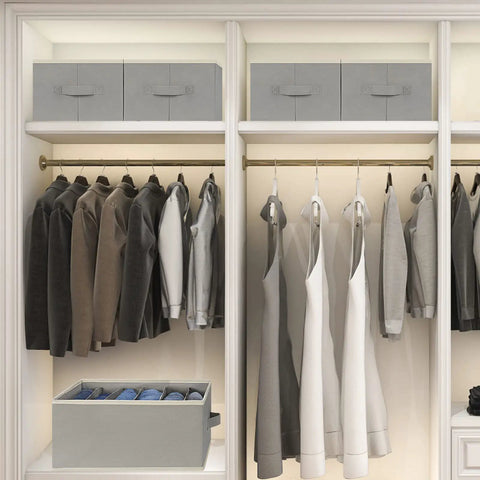 Three Pack Large Size Wardrobe Organizer With Six Large Grids Space Saving Stackable Closet Storage Bin In Gray on shelf