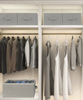 Game Changing Closet Organizer Bin Set With Six Large Compartments For Pants Jeans Sweaters T Shirts Coats And More Stackable Drawer Storage With Sturdy Handles In Grey, shown in use with clothing neatly organized.