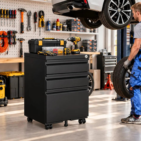 Rock Solid Heavy Duty Metal Rolling Tool Cabinet With Lockable Drawers And Non Slip Rolling Wheels in garage with tools.