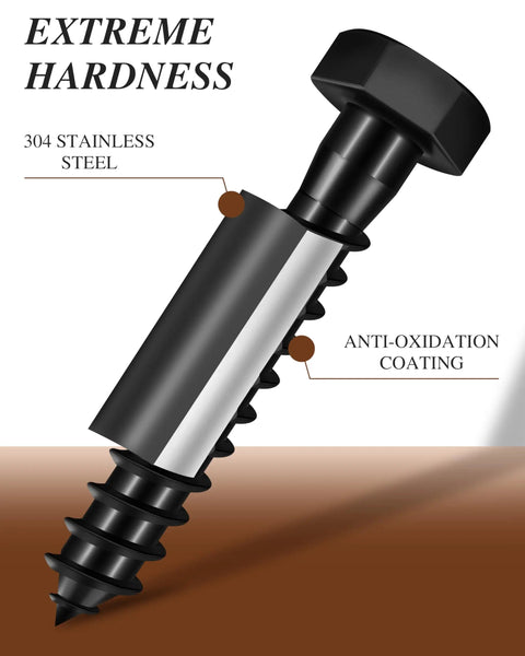 Heavy Duty Five Sixteenth Inch By Three Inch Hex Head Lag Bolts With Flat Washers In 304 Stainless Steel 18 8 Black