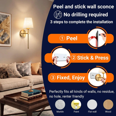 Peel and stick installation guide for Zero Plug Drama Wireless Wall Sconce Set Of Two With Chill Remote And Dimmable Touch Cordless Lamp Fixtures.