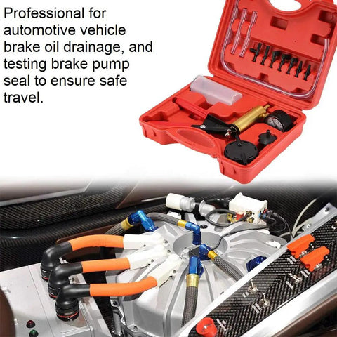 2 In 1 Brake Bleeder Kit With Handheld Vacuum Pump For Automotive Use, One Man Bleeding System With Vacuum Gauge And Adapters, Sponge Protected Case, Durable Red Case, DIY Friendly Car And Truck Brake And Clutch Bleeding, red case open with hoses and gauge