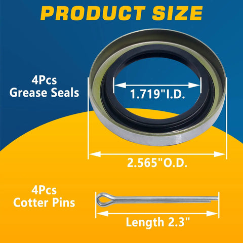 Trailer Hub Seal Kit Dope 4 Pack Fits 3500 Lb Five Lug Hubs With EZ Lube Axles 1719 ID And 2565 OD Replacement For Dexter 01001900 And Other Popular Spindles Includes Cotter Pin. 4 grease seals and cotter pins, 1.719 ID x 2.565 OD