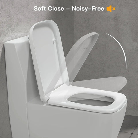 Square Modern Toilet Seat Featuring Whisper Quiet Soft Close Hinges Sturdy Polypropylene Shell Provides A Straight Up Hassle Free Swap And Delivers Silky Smooth Closures With Zero Drama Or Noise open at 45 degrees on a white toilet.