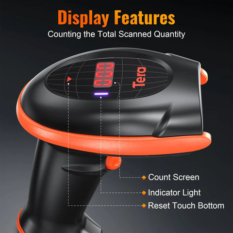 Close-up of Wireless 1D 2D QR Barcode Scanner With Charging Cradle And Counting Screen Ultra Fast Scanning Speed High Resolution Handheld Barcode Reader For Warehouse Inventory And Stock Management showing the display features.