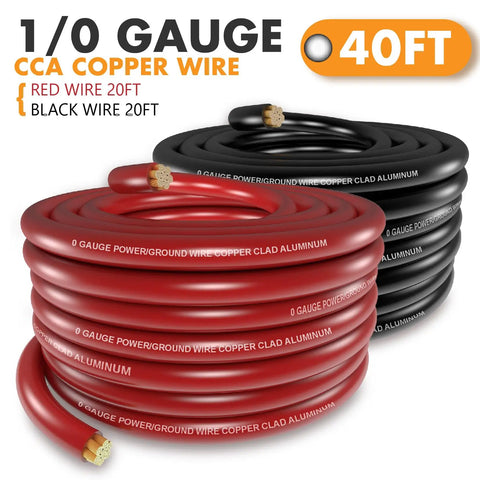 1/0 Gauge CCA Power And Ground Wire Kit 40 Ft Total 20 Ft Red 20 Ft Black With Free Wire Cutter For Car Amplifier Power And Ground Cable Big Three Upgrade Solar RV, rolled wires