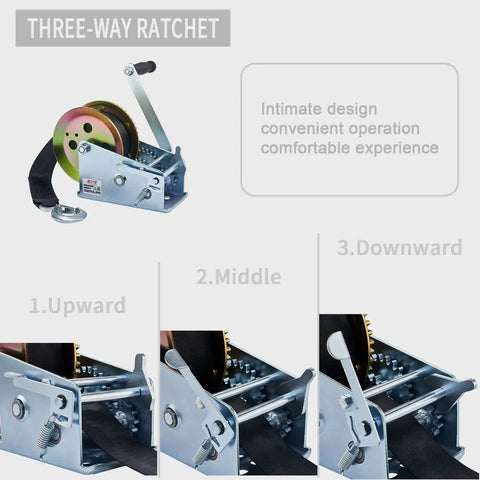 Heavy Duty 3200lbs Boat Winch Hand Crank With 32Ft Strap Two Speed Switchable Trailer Winch showing three-way ratchet positions