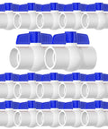Multiple 3/4 inch PVC ball valves with blue T-handles, showing Three Fourth Inch PVC Ball Valve With No Fuss Easy Turn Blue T Handle SCH40 Slip Socket