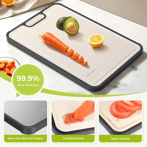 Two In One Titanium Cutting Board showing PP surface with carrot, avocado, and orange on large 15 by 10.3 inch board