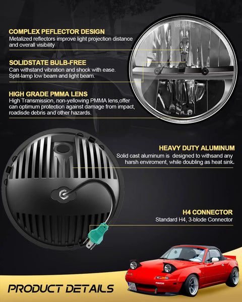 2 Pack 7 Inch LED Headlights For Jeep Wrangler Chevy And Miata DOT Approved with Z Cutoff Reflector, product features diagram