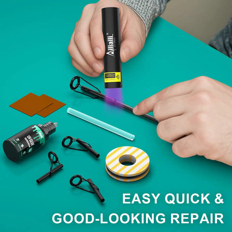 Fishing Rod Tip Repair Kit With 10 Eyelet Sizes, UV Glue And UV Flashlight, Wrapping Thread, Sandpaper, accessories shown