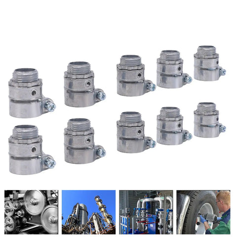 Hassle Free Squeeze Connectors 1/2 Inch Push In Fitting For Dry Indoor Projects No Sweat Wiring With Rock Solid Die Cast Zinc Alloy Reliable Fit For Conduit And Power Boxes Pack Of 20 - close-up of ten zinc connectors arranged in two rows.
