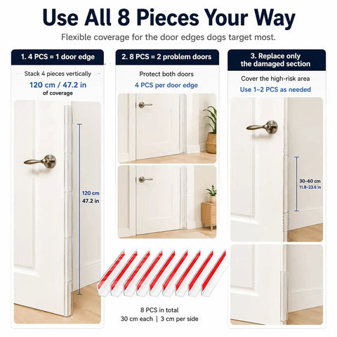 Doggo Approved Door Frame Guards Eight Pack Clear L Shaped Edge Protectors cover door edges with flexible design and accurate measurements.