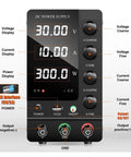Front panel of Variable Digital DC Power Supply 0 To 30V 0 To 10A Lab Bench Regulator with controls and display for voltage and current