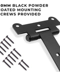 18-Inch Matte Black Barn Door Hinges with black coated screws, shows hinge detail and included screws, heavy duty 4mm thick iron.