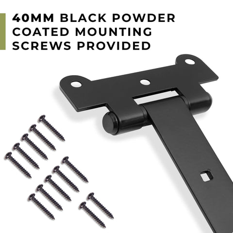 18-Inch Matte Black Barn Door Hinges with black coated screws, shows hinge detail and included screws, heavy duty 4mm thick iron.
