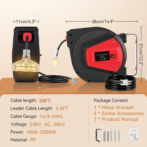 Auto Retracting 50 Foot Heavy Duty Cord Reel For Garage And Workshop, 14AWG 3C SJTOW Power Cord With Security Lock, package content