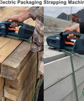 Heavy Duty Handheld Electric Strapper With Built In Battery Automatically Tensions Welds And Cuts Pp Pet Straps securing wooden and concrete packages.