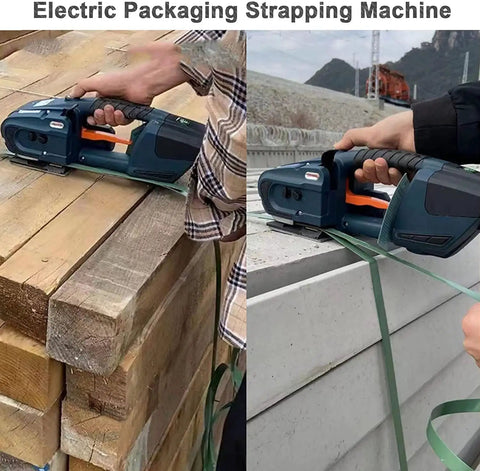 Heavy Duty Handheld Electric Strapper With Built In Battery Automatically Tensions Welds And Cuts Pp Pet Straps securing wooden and concrete packages.