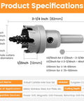 Diagram of Pro Grade Carbide Hole Saw Set 9 Piece Kit With 6 Hole Cutters showcasing dimensions and application details on a specification sheet.