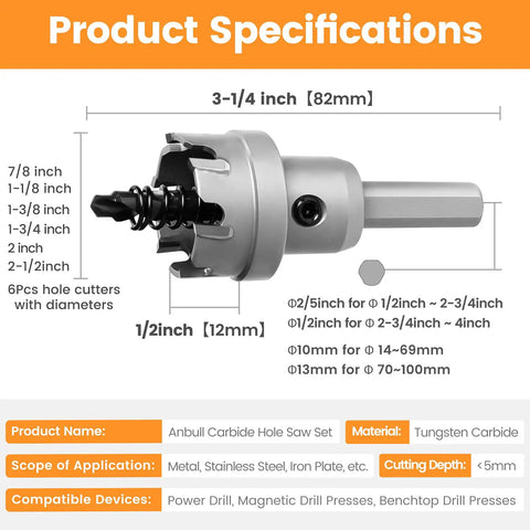 Diagram of Pro Grade Carbide Hole Saw Set 9 Piece Kit With 6 Hole Cutters showcasing dimensions and application details on a specification sheet.