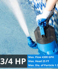 High Flow 4300GPH Submersible Sump Pump With Float Switch Three Quarter HP Oil Free PSC Motor in action draining pool