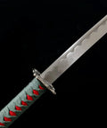 Close-up of katana handle and blade from 3-Piece Samurai Sword Set With Stand Green Scabbard Katana Wakizashi Tanto 1095 Carbon Steel Unsharpened