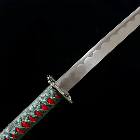 Close-up of katana handle and blade from 3-Piece Samurai Sword Set With Stand Green Scabbard Katana Wakizashi Tanto 1095 Carbon Steel Unsharpened