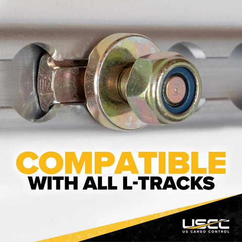 Close-up of Heavy Duty L Track Double Stud Fittings 4 Pack 3/8 Inch Threaded Steel Bolts in aluminum rail showing compatibility.