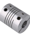 Angled view of BQLZR 5x8mm CNC stepper motor shaft coupler, metal aluminum, two set-screw holes