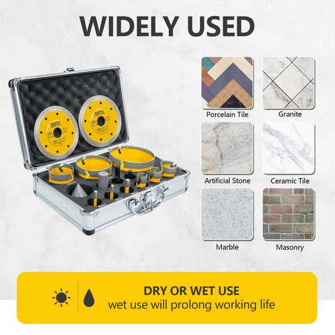 Front view: Diamond tile hole saw kit, 15-piece, in metal case with yellow rims; includes finger and chamfer bits.