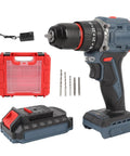 Heavy Duty Cordless Drill Driver With 1500 Rpm Max Spin And 25 Torque Settings High Low Gear Reversible Operation No Sweat Performance, showing drill, battery, case, and drill bits.