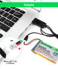 4 Pack 3.7V 3000mAh LiPo Battery With USB Charger Cable, connected to laptop with Micro JST 1.25 Plug for Arduino ESP32