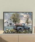 Blue Antique Pickup Truck Canvas Wall Art With Floral Accents For Farmhouse Decor, Spring Country Farm Pictures Wall Art