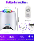 Star Projector Night Light For Bedroom With Galaxy Ocean Wave Effects, shown with remote control and Type-C cable