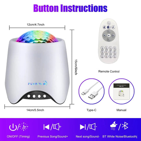 Star Projector Night Light For Bedroom With Galaxy Ocean Wave Effects, shown with remote control and Type-C cable