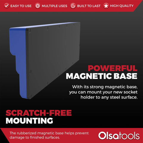 Side view of Magnetic Socket Organizer For Three Eighths Inch Drive, Three Row Holder in blue with powerful magnetic base.