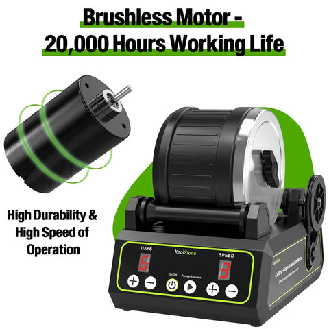 Brushless Rock Tumbler Kit With Massive 2.5Lb Capacity, Ultra Durable Rotary Polisher, showcasing motor and LCD display
