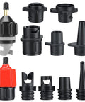 Inflatable Paddle Board Pump Adapter Kit With Boat Standard Valve Converters And Nozzle Set shown with two adapters and nine nozzles