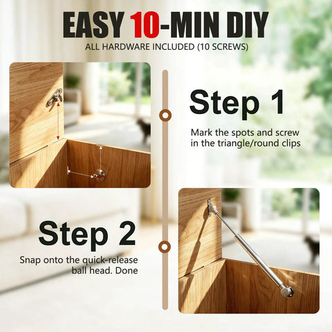 Step-by-step installation of Two Pack Slow Close Hinges for Toy Box and Chest, 15 Inch 100N Gas Springs shown on wooden storage.