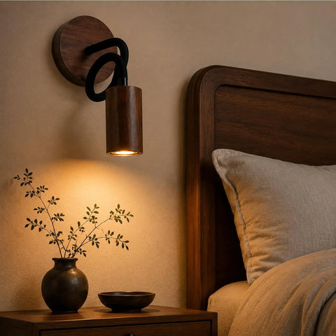 Adjustable Gooseneck Wall Sconce, Modern Wood Grain Wall Lamp mounted beside a bed with a wooden headboard and nightstand.