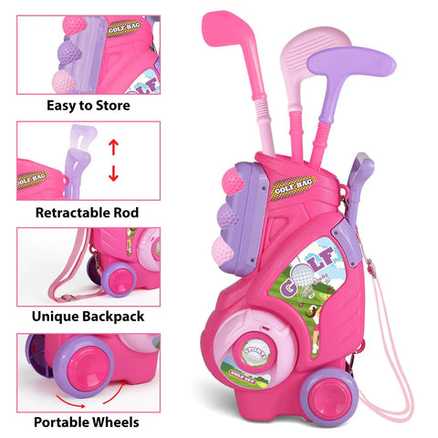 Toddler Golf Set For Boys And Girls Ages 2 3 4 With Upgraded Kids Golf Cart, Putting Mat, And Cornhole Board, Portable Pink Design