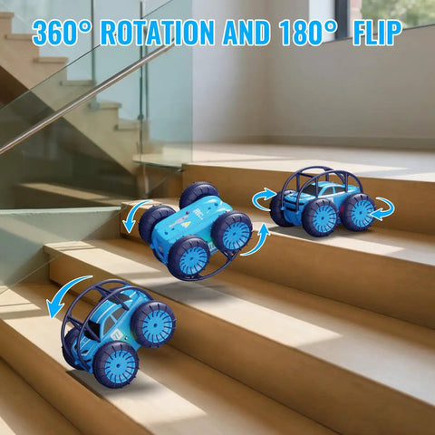 Amphibious Remote Control Car With Rechargeable Battery And Remote 360 Degree Flips 4WD All Terrain Stunt RC Toy on stairs