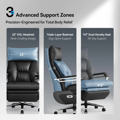 Dual Motor Electric Office Chair With Footrest For Home Office, Boss Level Comfort, wide ergonomic leather seat features