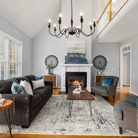 Living room with Dope Industrial Black Farmhouse Chandelier For Dining Room With 8 Lights, rustic decor