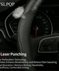 Premium Microfiber Leather Steering Wheel Cover With Anti Slip Padding And Matte Carbon Trim For Solid Daily Driving Universal 14.5 Inch Black, featuring breathable perforation for comfort.