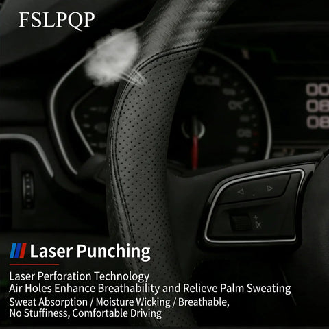 Premium Microfiber Leather Steering Wheel Cover With Anti Slip Padding And Matte Carbon Trim For Solid Daily Driving Universal 14.5 Inch Black, featuring breathable perforation for comfort.