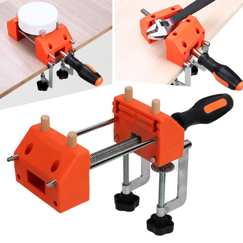 Durable Home Vise Table Work Bench Clamp With Stainless Steel Body And Non Slip Abs Jaws For Easy Woodworking Clamping Projects Plus Quick Clip Installation, orange clamp tightened on wood.